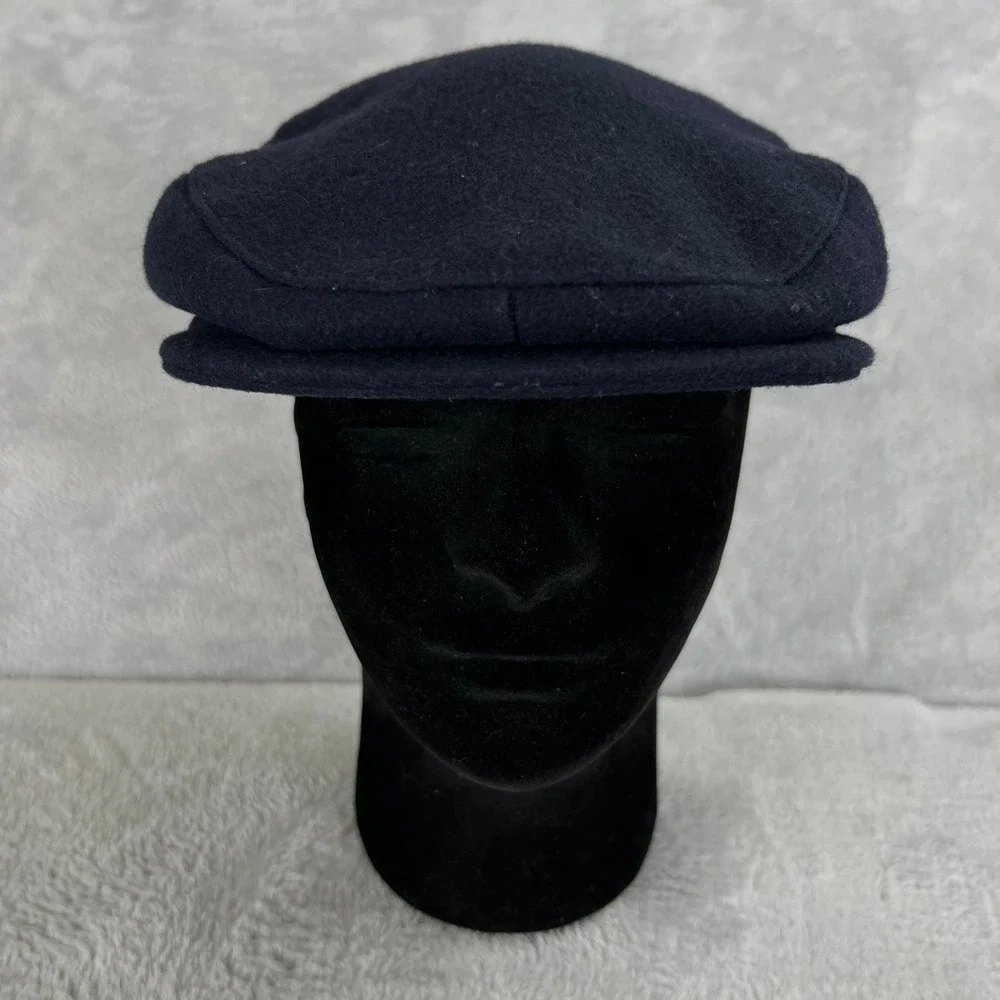 Vintage Wool Flat Cap Navy Blue Newsboy Ivy Driving Leather Strap USA Made Hat
